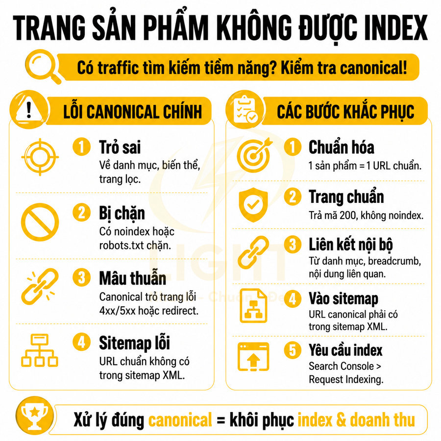 Infographic lỗi canonical khiến trang sản phẩm không được index và các bước khắc phục trong SEO