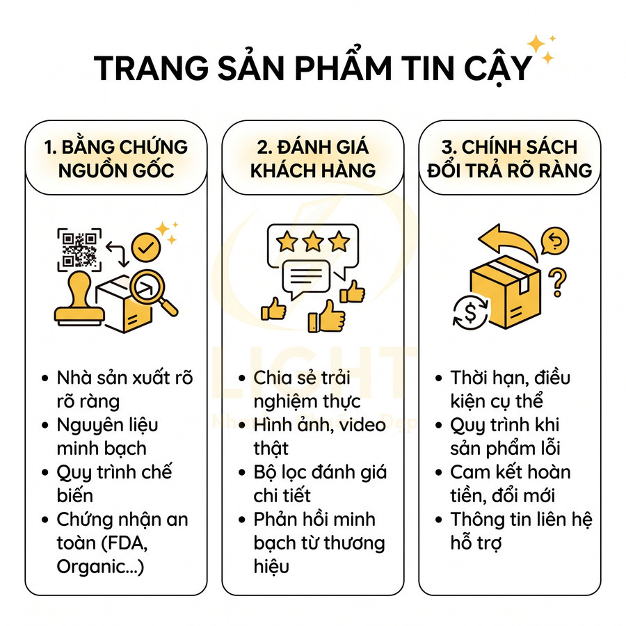 Hướng dẫn nhận biết trang sản phẩm tin cậy với bằng chứng nguồn gốc, đánh giá khách hàng và chính sách đổi trả rõ ràng