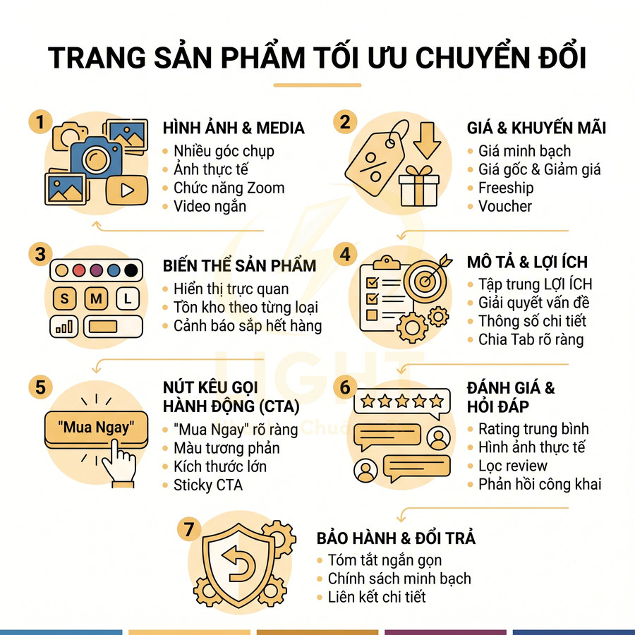 Checklist tối ưu trang sản phẩm tăng chuyển đổi với hình ảnh, giá, CTA, mô tả, đánh giá và bảo hành