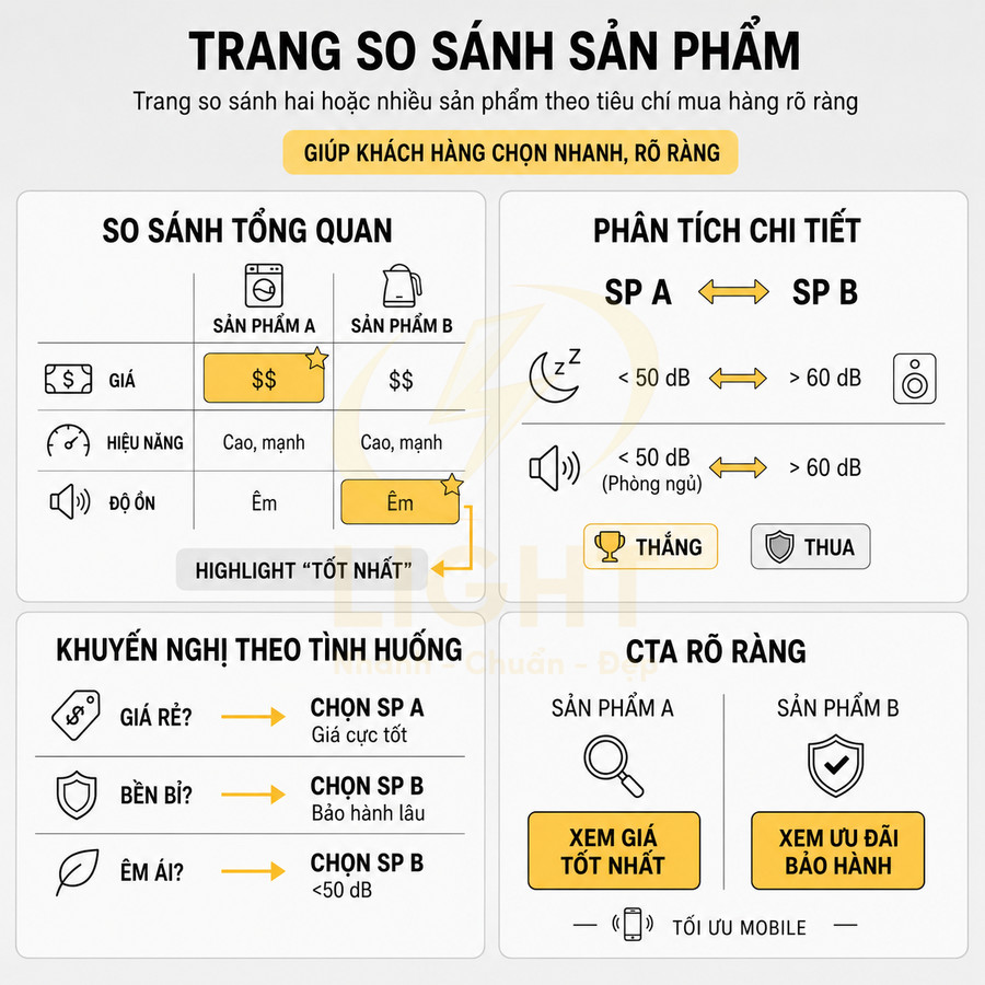 Infographic so sánh hai sản phẩm A và B về giá, hiệu năng, độ ồn, khuyến nghị mua hàng và nút xem ưu đãi