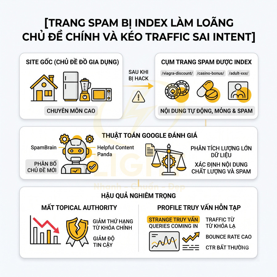 Infographic minh họa trang web bị hack dẫn đến index trang spam, Google đánh giá và hậu quả mất topical authority