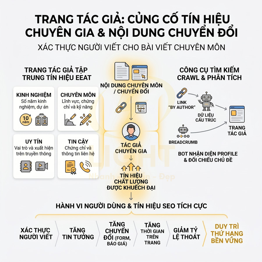 Infographic trang tác giả củng cố tín hiệu chuyên gia EEAT và nội dung chuyển đổi cho SEO