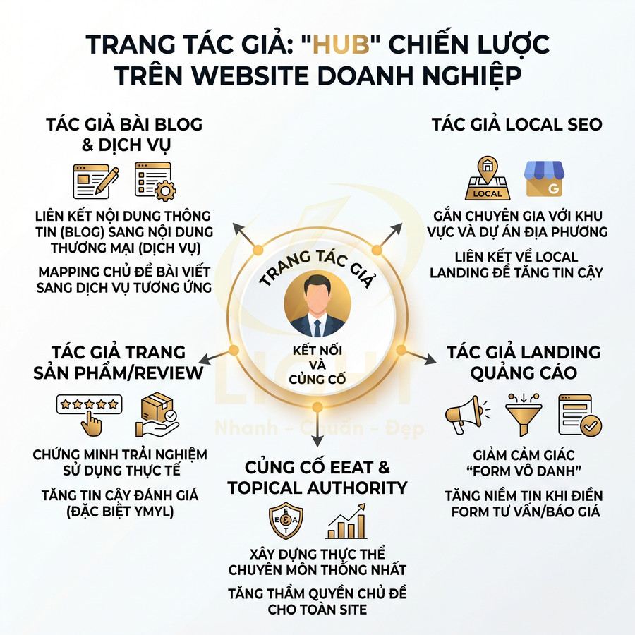 Mô hình trang tác giả làm hub chiến lược kết nối blog, sản phẩm, local SEO, landing quảng cáo và củng cố EEAT cho website doanh nghiệp