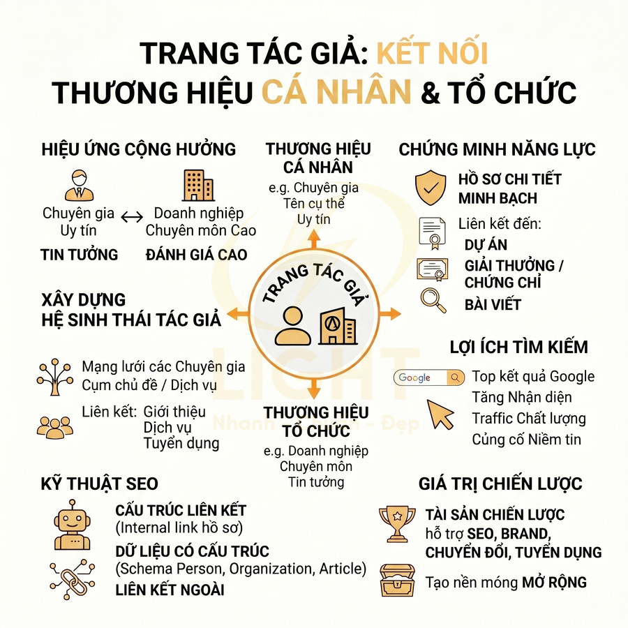 Infographic lợi ích trang tác giả trong SEO, xây dựng thương hiệu cá nhân và tổ chức, tăng uy tín và hiệu quả tìm kiếm
