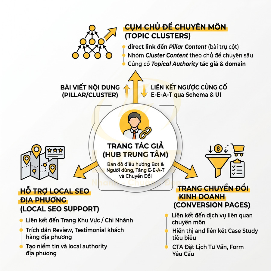 Sơ đồ trang tác giả làm hub trung tâm liên kết topic cluster, local SEO và trang chuyển đổi kinh doanh