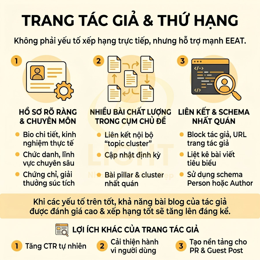 Infographic hướng dẫn tối ưu trang tác giả để cải thiện EEAT và thứ hạng SEO cho blog và website