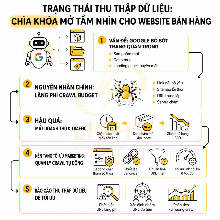 Trạng thái thu thập dữ liệu và tối ưu crawl budget Google cho website bán hàng bằng quản lý crawl tự động