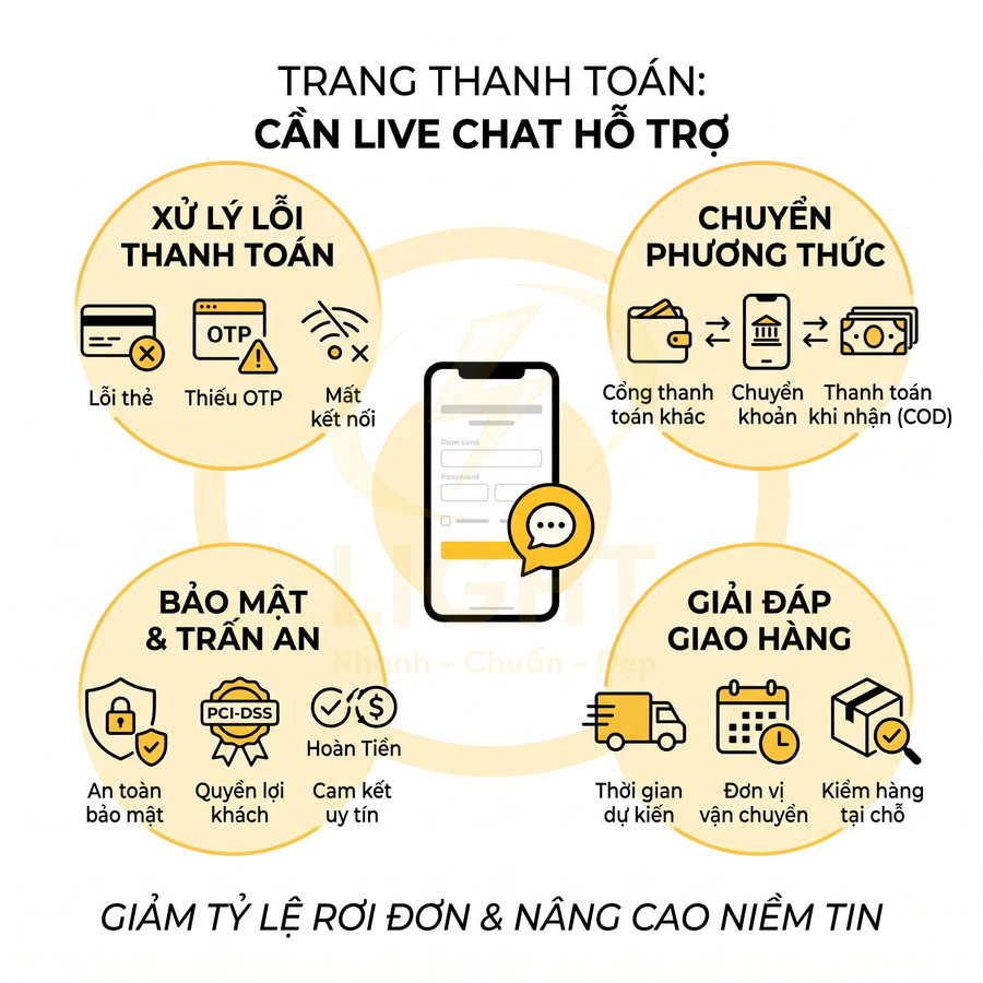 Infographic lợi ích live chat trên trang thanh toán: xử lý lỗi, đổi phương thức, bảo mật, giải đáp giao hàng