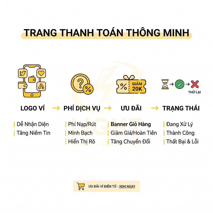 Trang thanh toán thông minh với logo ví điện tử, phí dịch vụ, ưu đãi giảm 20k và trạng thái giao dịch