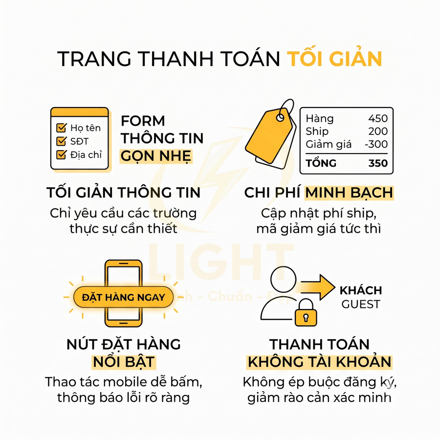 Mẫu giao diện trang thanh toán tối giản với form gọn nhẹ, chi phí minh bạch và nút đặt hàng nổi bật