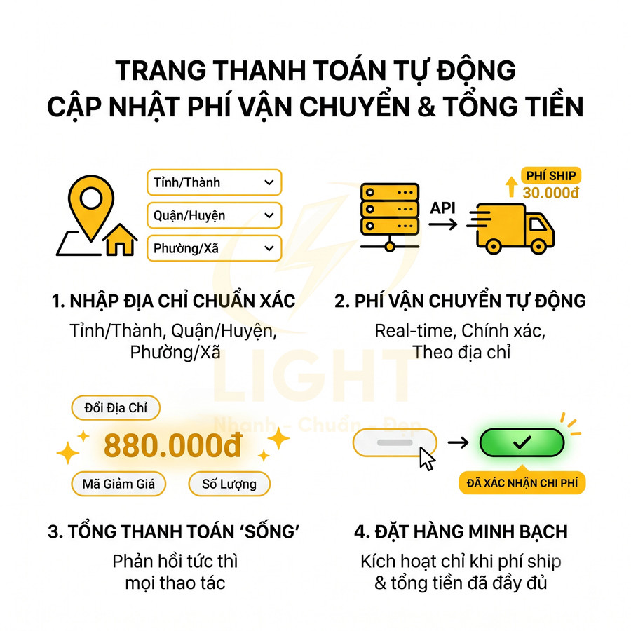 Giao diện trang thanh toán tự động cập nhật phí vận chuyển và tổng tiền theo địa chỉ đặt hàng