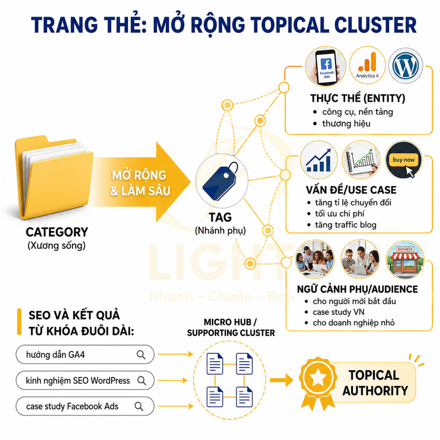 Mô hình SEO topical cluster với category, tag, micro hub và topical authority minh họa mở rộng nội dung