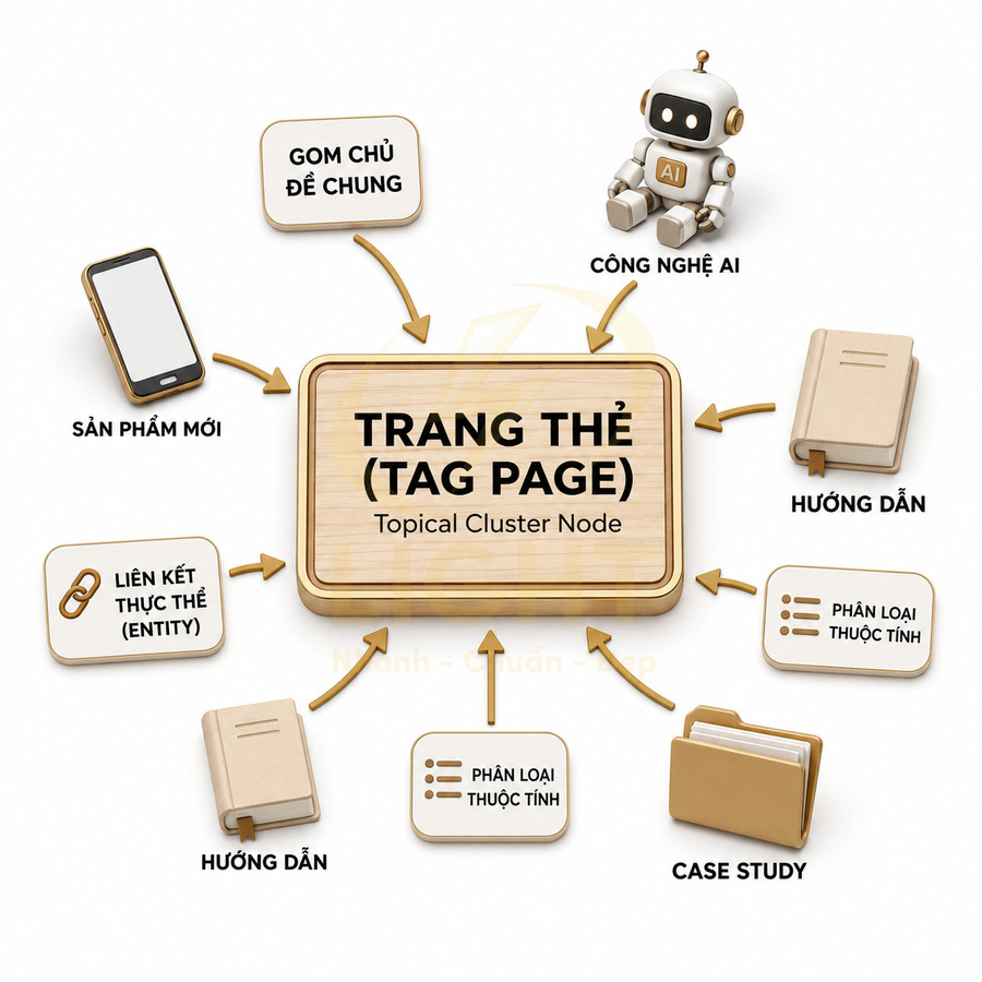 Mô hình trang thẻ tag page trong SEO với các nhóm nội dung sản phẩm mới, công nghệ AI, hướng dẫn và case study