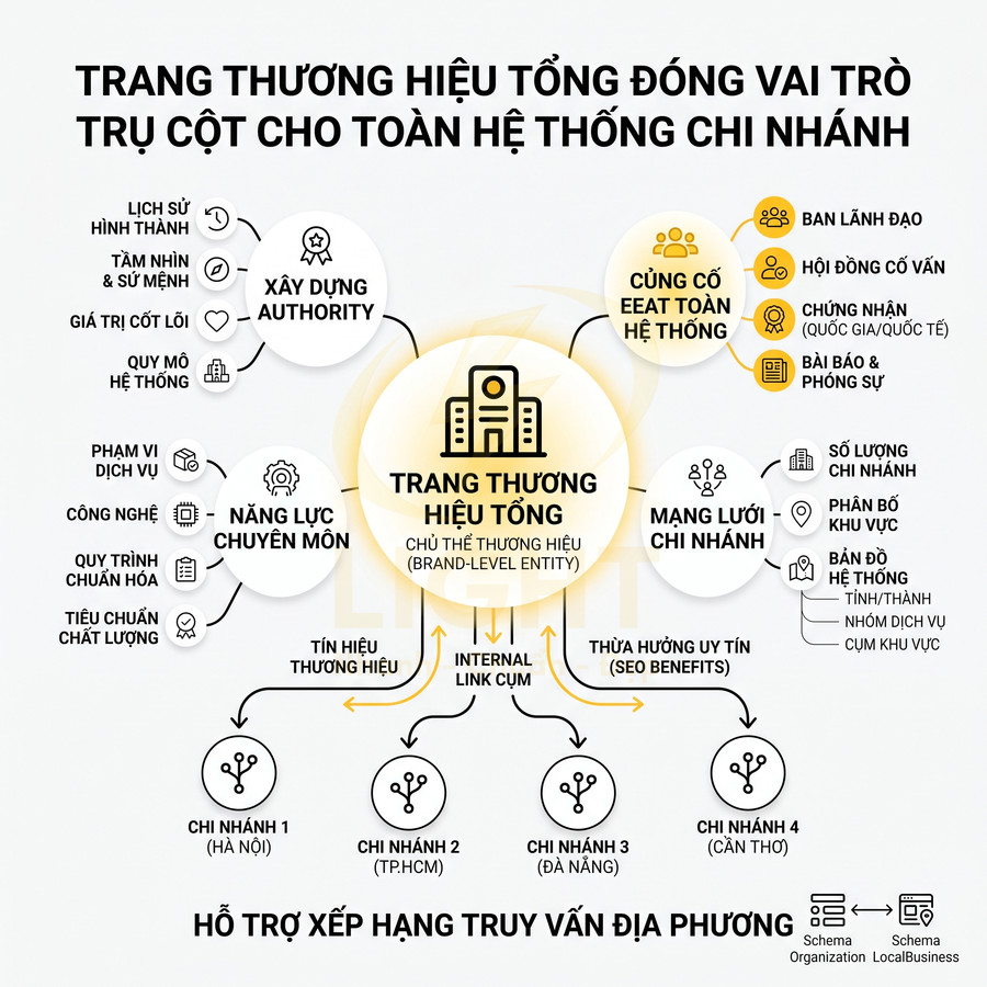 Sơ đồ vai trò trang thương hiệu tổng trong hệ thống chi nhánh và hỗ trợ SEO địa phương