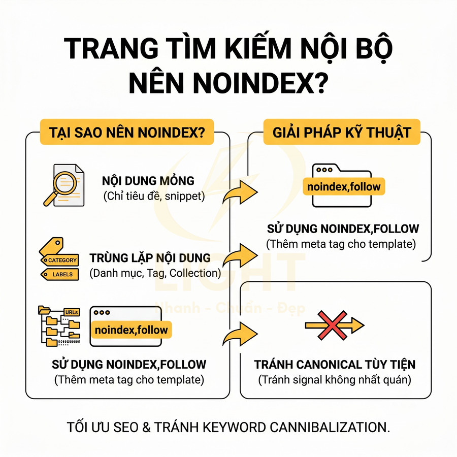 Hướng dẫn SEO giải thích lý do nên noindex trang tìm kiếm nội bộ và cách dùng thẻ meta noindex follow