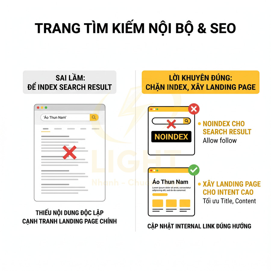 Hướng dẫn tối ưu trang tìm kiếm nội bộ cho SEO với noindex search result và xây landing page riêng