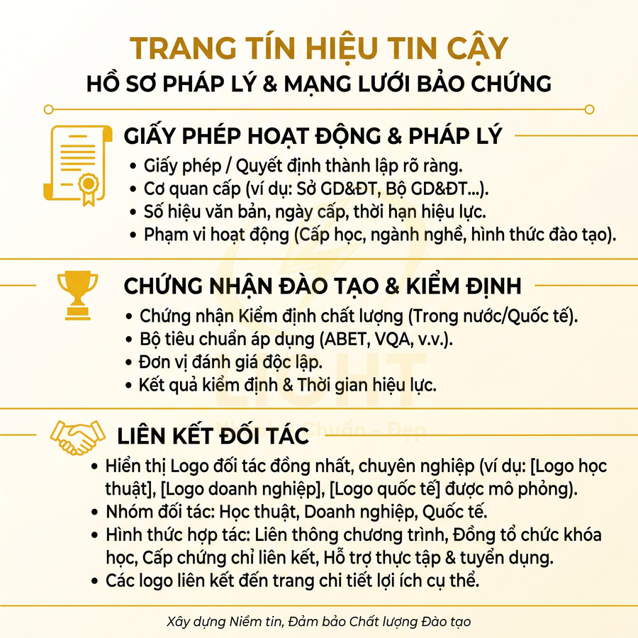 Tiêu chí xây dựng trang tuyển sinh uy tín với hồ sơ pháp lý, chứng nhận đào tạo và liên kết đối tác rõ ràng