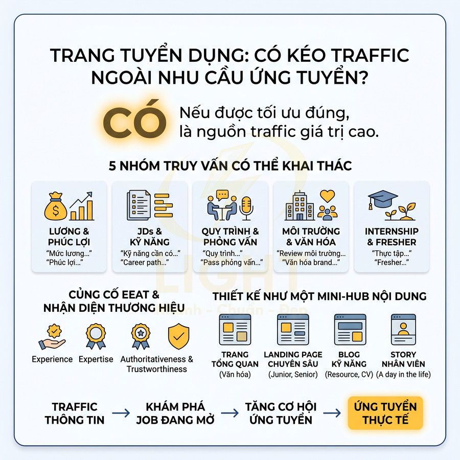 Infographic tối ưu trang tuyển dụng để kéo traffic, nhóm truy vấn ứng viên và hành trình tăng cơ hội ứng tuyển