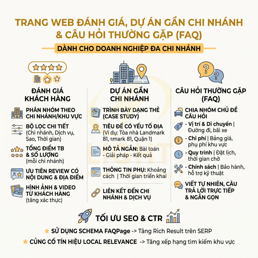 Mô hình trang web đánh giá, dự án gần chi nhánh và FAQ tối ưu SEO cho doanh nghiệp đa chi nhánh
