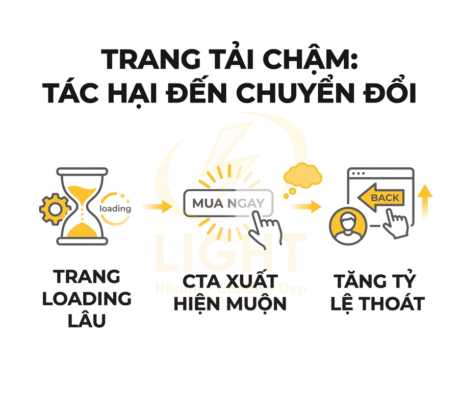 Minh họa tác hại trang web tải chậm làm CTA xuất hiện muộn và tăng tỷ lệ thoát của người dùng