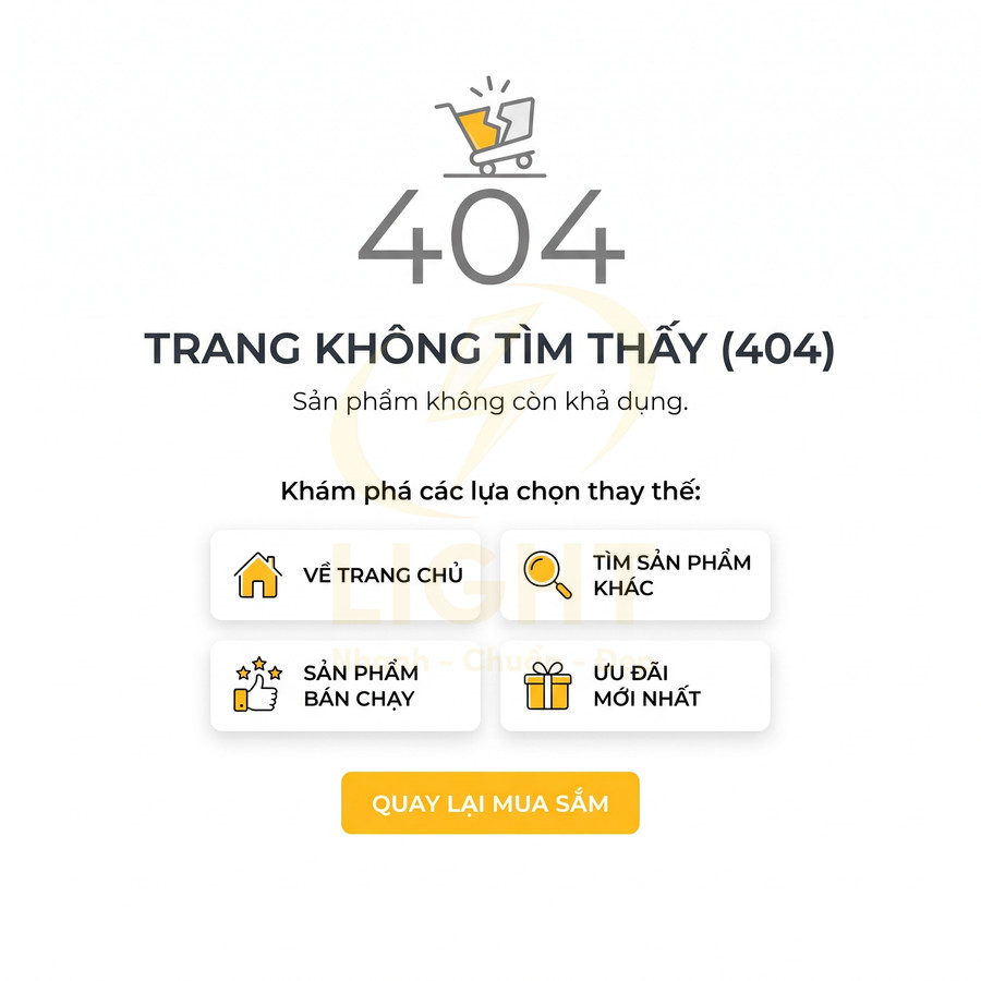 Trang 404 thông báo sản phẩm không còn, gợi ý về trang chủ, tìm sản phẩm khác và quay lại mua sắm