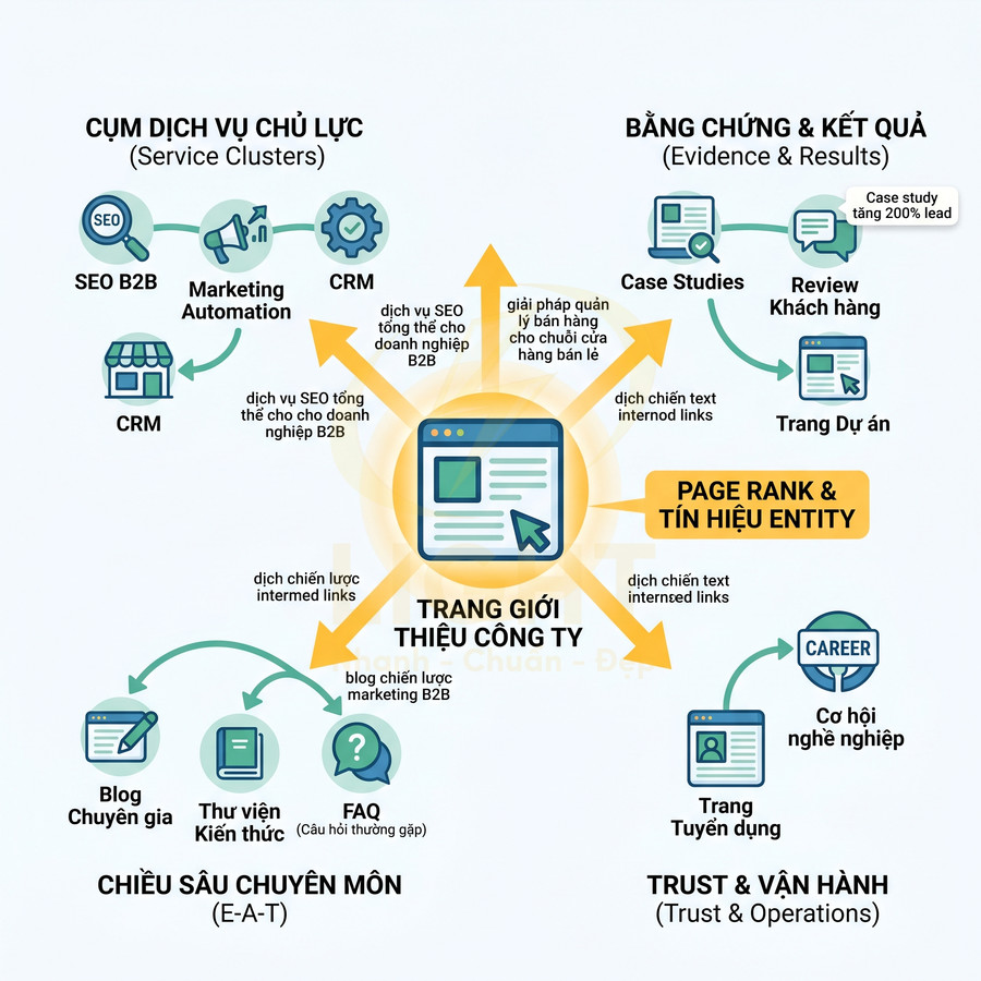 Sơ đồ chiến lược SEO cho trang giới thiệu công ty với các cụm dịch vụ, case study, blog và trang tuyển dụng