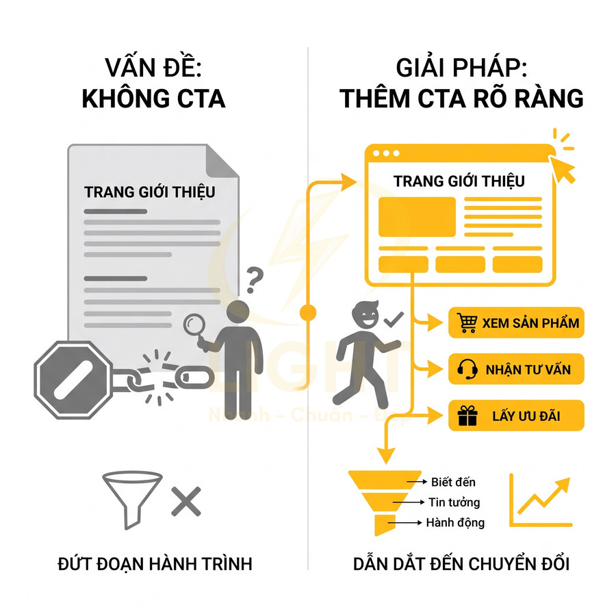 So sánh trang giới thiệu không CTA và trang có CTA rõ ràng dẫn khách hàng đến chuyển đổi