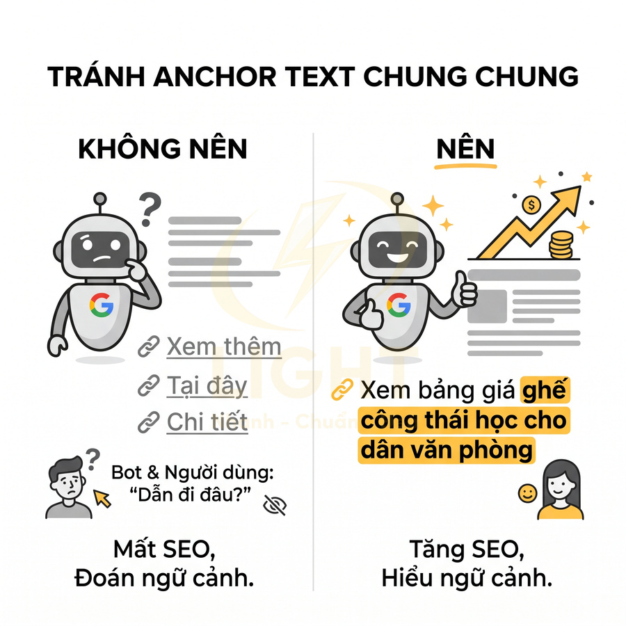 Minh họa robot Google hướng dẫn dùng anchor text cụ thể để tăng SEO và cải thiện ngữ cảnh nội dung