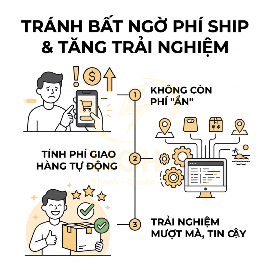 Minh họa tính phí giao hàng tự động giúp tránh phí ship ẩn và cải thiện trải nghiệm mua sắm online