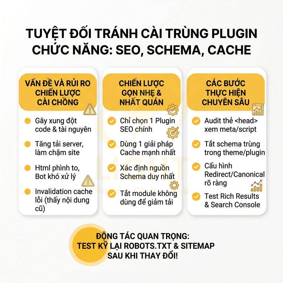 Hướng dẫn tránh cài trùng plugin SEO, Schema, Cache và chiến lược tối ưu website WordPress