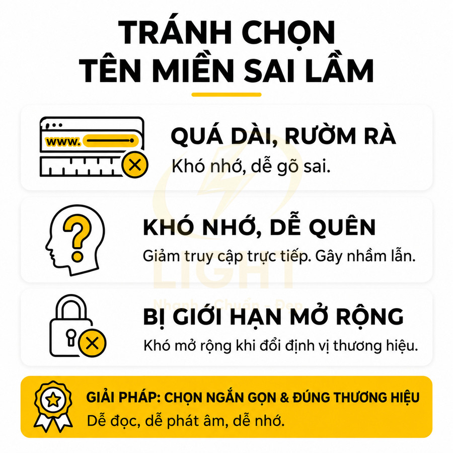 Lưu ý khi chọn tên miền: tránh tên dài khó nhớ, khó mở rộng, nên chọn tên miền ngắn gọn đúng thương hiệu
