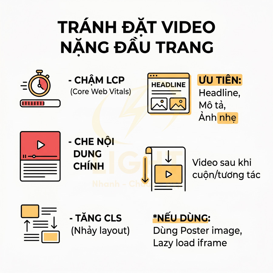 Hướng dẫn tránh đặt video nặng đầu trang để không chậm LCP, che nội dung chính và tăng CLS, ưu tiên headline và ảnh nhẹ