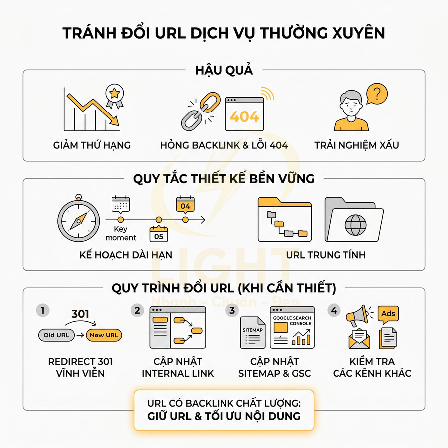 Hướng dẫn SEO tránh đổi URL dịch vụ thường xuyên, hậu quả và quy trình đổi URL đúng cách với redirect 301
