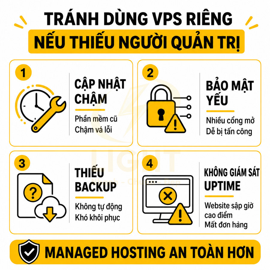 Lý do không nên dùng VPS riêng thiếu quản trị và lợi ích chọn dịch vụ managed hosting an toàn hơn