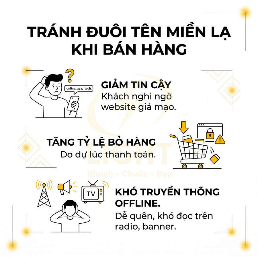 Infographic cảnh báo dùng đuôi tên miền lạ khi bán hàng làm giảm tin cậy, tăng bỏ hàng và khó truyền thông offline