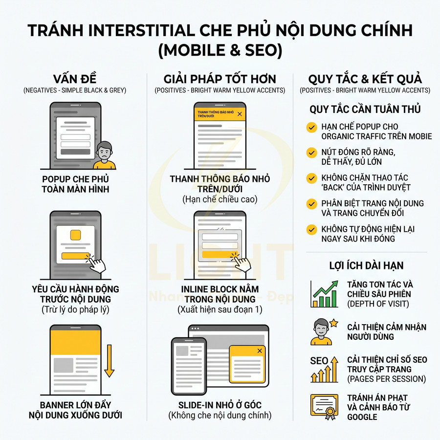 Infographic hướng dẫn tránh popup interstitial che nội dung chính trên mobile để tối ưu trải nghiệm người dùng và SEO