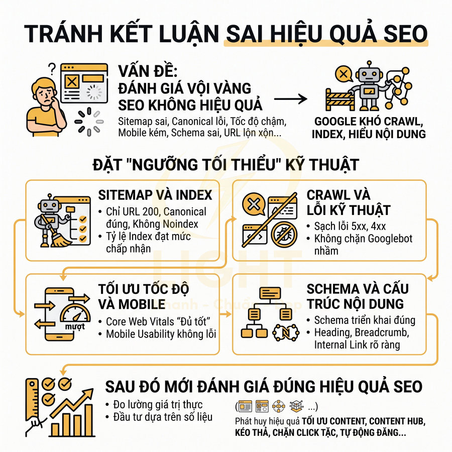 Infographic hướng dẫn tránh kết luận sai hiệu quả SEO với các bước tối ưu kỹ thuật, sitemap, crawl, tốc độ và cấu trúc nội dung