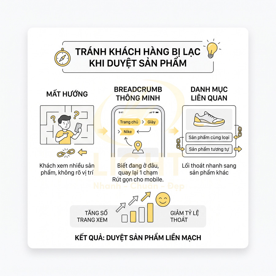 Infographic hướng dẫn tối ưu breadcrumb và danh mục liên quan giúp khách duyệt sản phẩm giày Nike mạch lạc