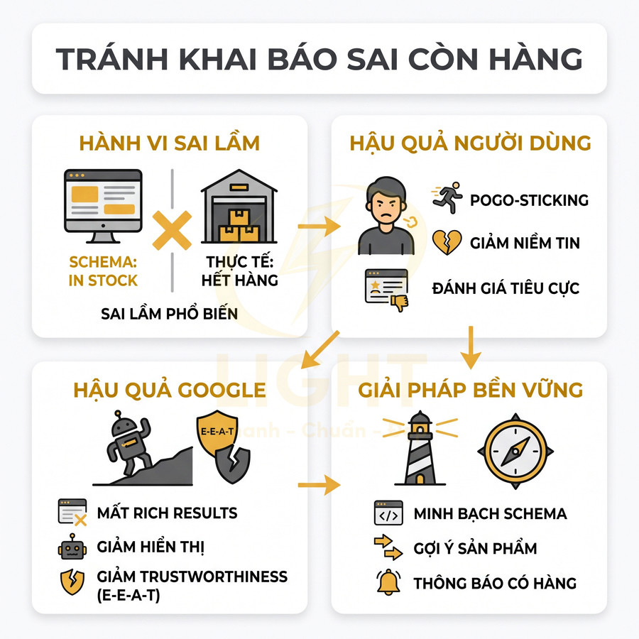 Infographic cảnh báo khai báo sai tình trạng còn hàng và hướng dẫn tối ưu schema sản phẩm cho SEO