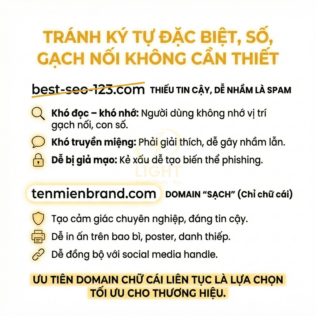 Hướng dẫn chọn tên miền sạch chỉ dùng chữ cái, tránh ký tự đặc biệt số gạch nối để tăng uy tín thương hiệu
