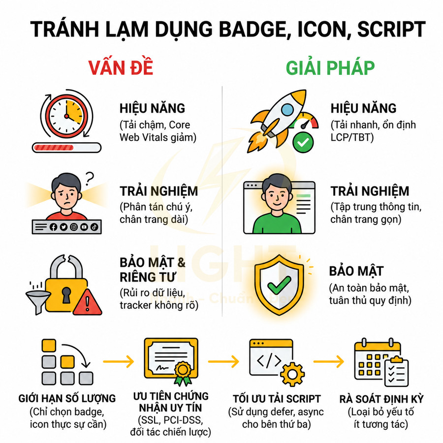 Infographic hướng dẫn tránh lạm dụng badge icon script với các vấn đề và giải pháp tối ưu hiệu năng bảo mật trải nghiệm