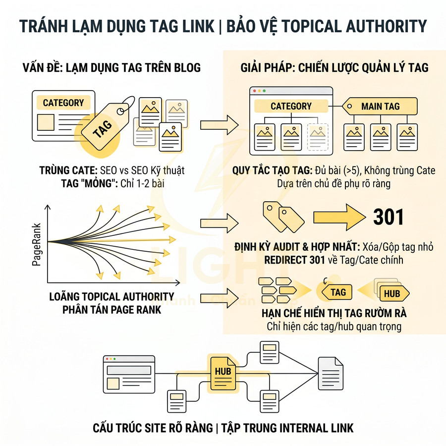 Hướng dẫn quản lý tag blog để tránh lạm dụng tag link và bảo vệ topical authority trong SEO