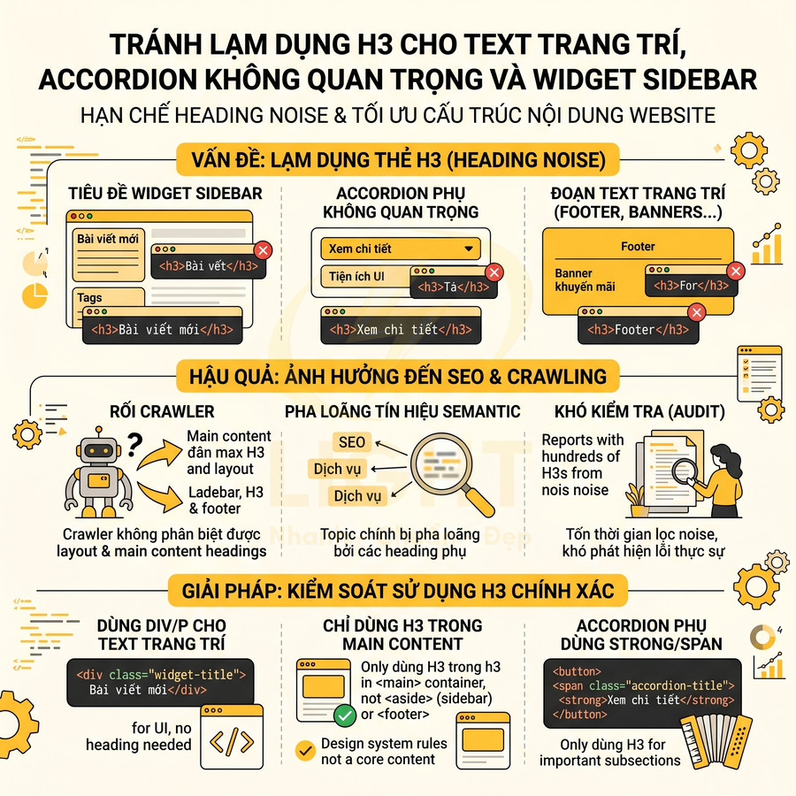 Infographic hướng dẫn tránh lạm dụng thẻ H3 cho text trang trí, accordion phụ và widget sidebar để tối ưu SEO website