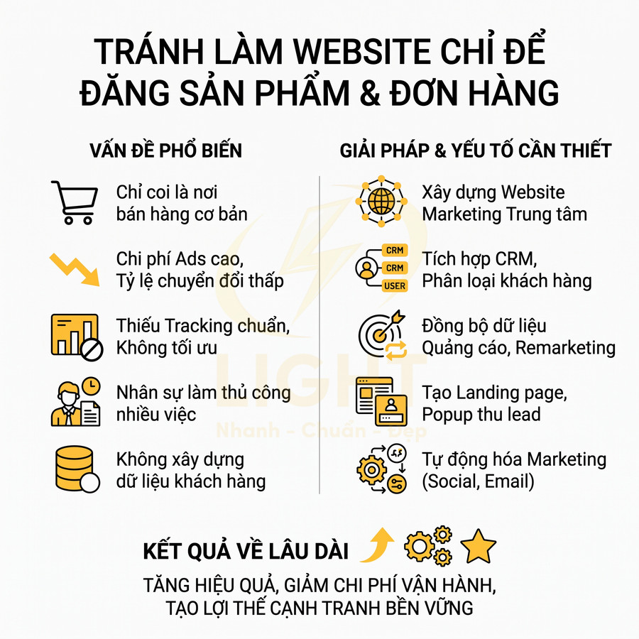 Infographic giải pháp xây dựng website marketing trung tâm, tích hợp CRM, remarketing và tự động hóa để tăng hiệu quả kinh doanh