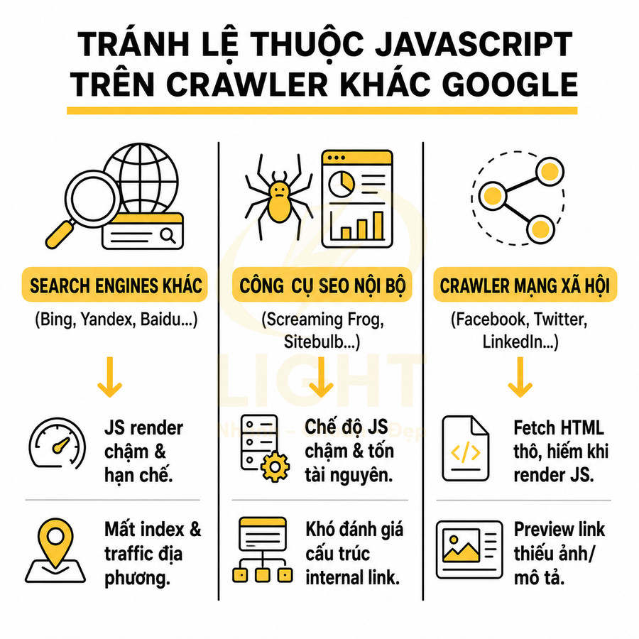 Infographic hướng dẫn tránh lệ thuộc JavaScript khi tối ưu SEO cho crawler ngoài Google