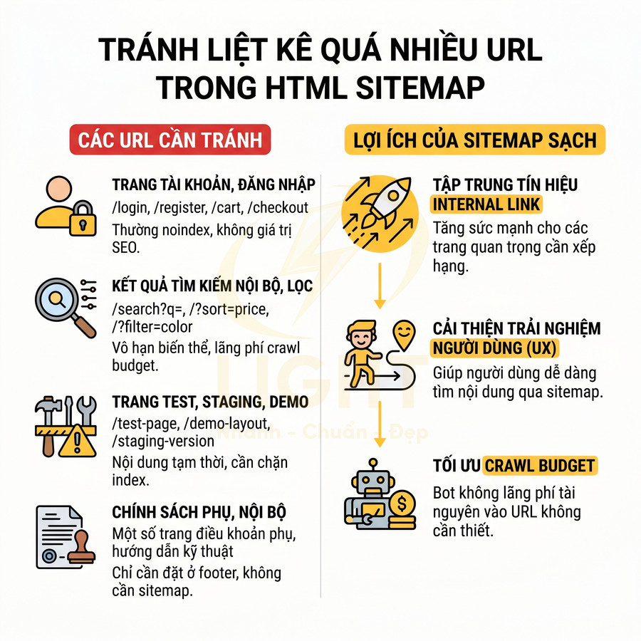Hướng dẫn tránh liệt kê quá nhiều URL trong HTML sitemap và lợi ích của sitemap sạch cho SEO