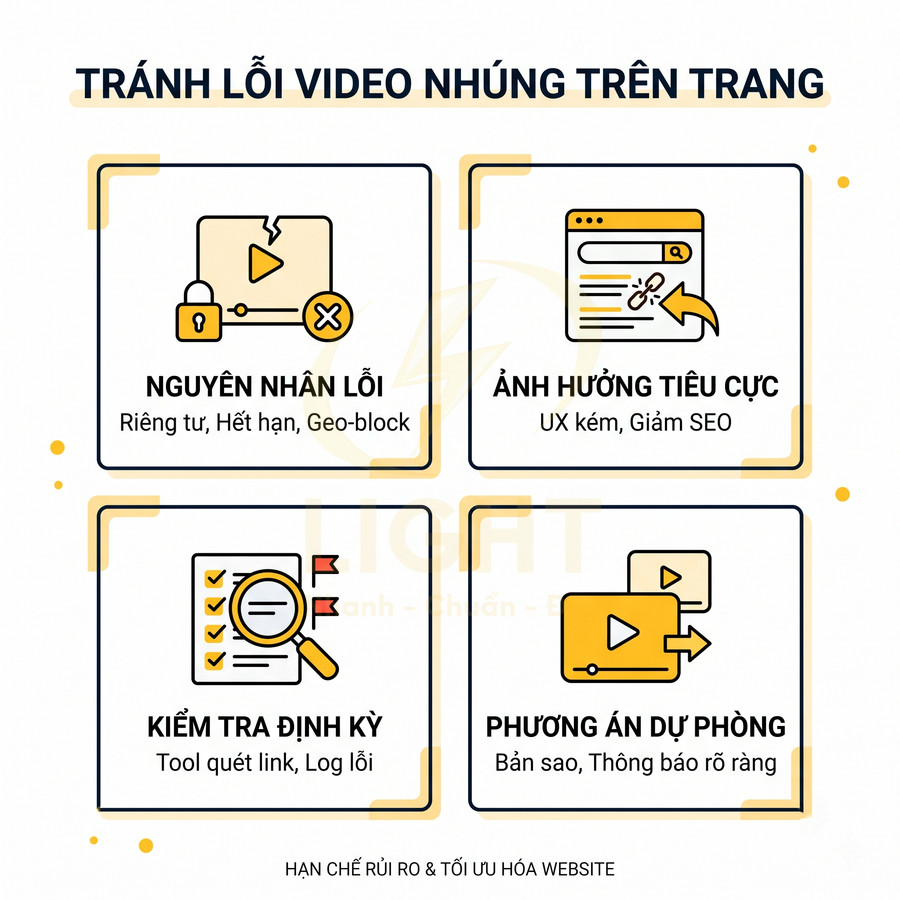 Infographic tránh lỗi video nhúng trên trang với nguyên nhân lỗi, ảnh hưởng SEO, kiểm tra định kỳ và phương án dự phòng