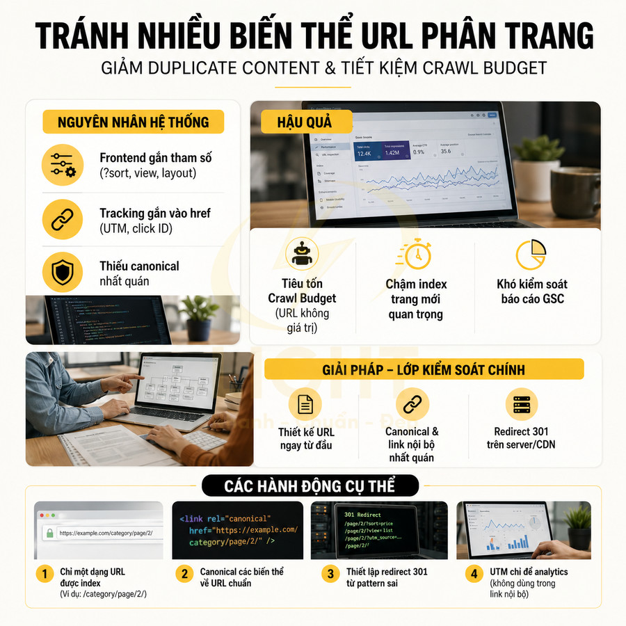 Infographic hướng dẫn tránh nhiều biến thể URL phân trang để giảm duplicate content và tiết kiệm crawl budget cho SEO