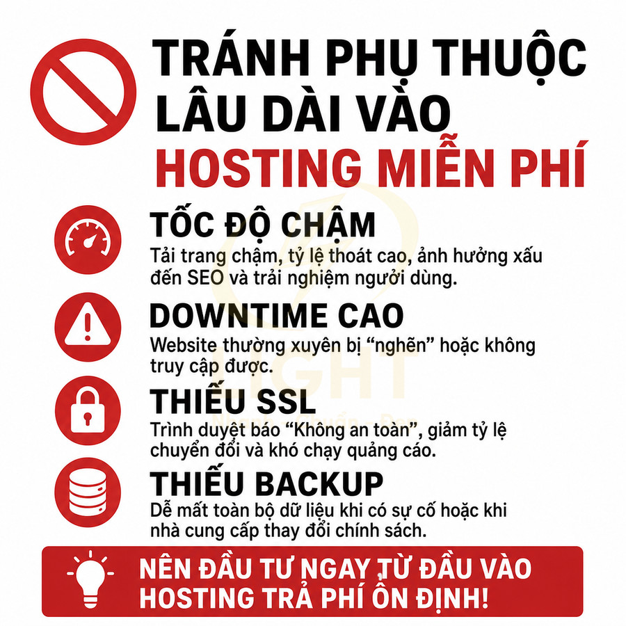 Cảnh báo hạn chế của hosting miễn phí và khuyến nghị đầu tư hosting trả phí ổn định cho website