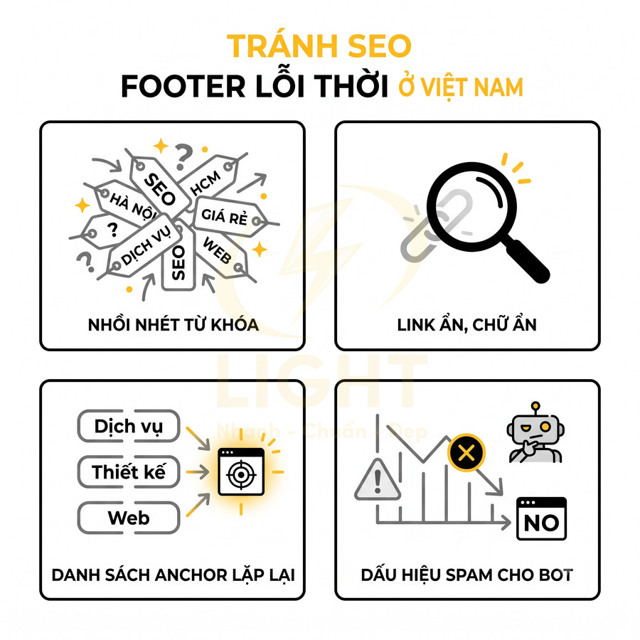 Các lỗi tối ưu SEO footer phổ biến ở Việt Nam như nhồi nhét từ khóa, link ẩn, anchor lặp và spam bot